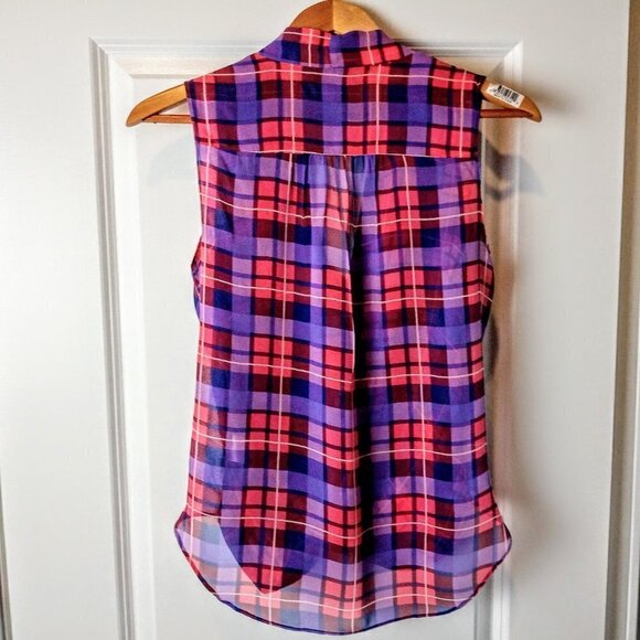 Babaton Plaid Sleeveless Sheer Silk Blouse - Picture 2 of 5